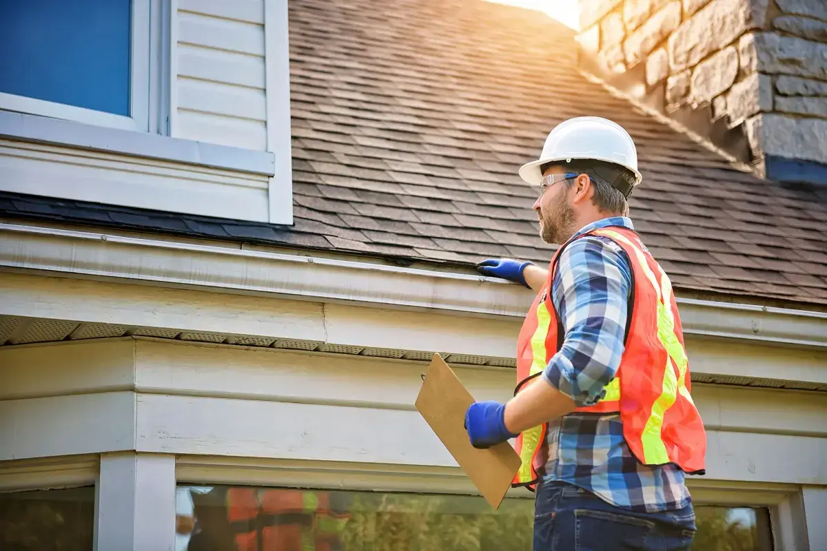 Roof inspector checking shingles and gutters